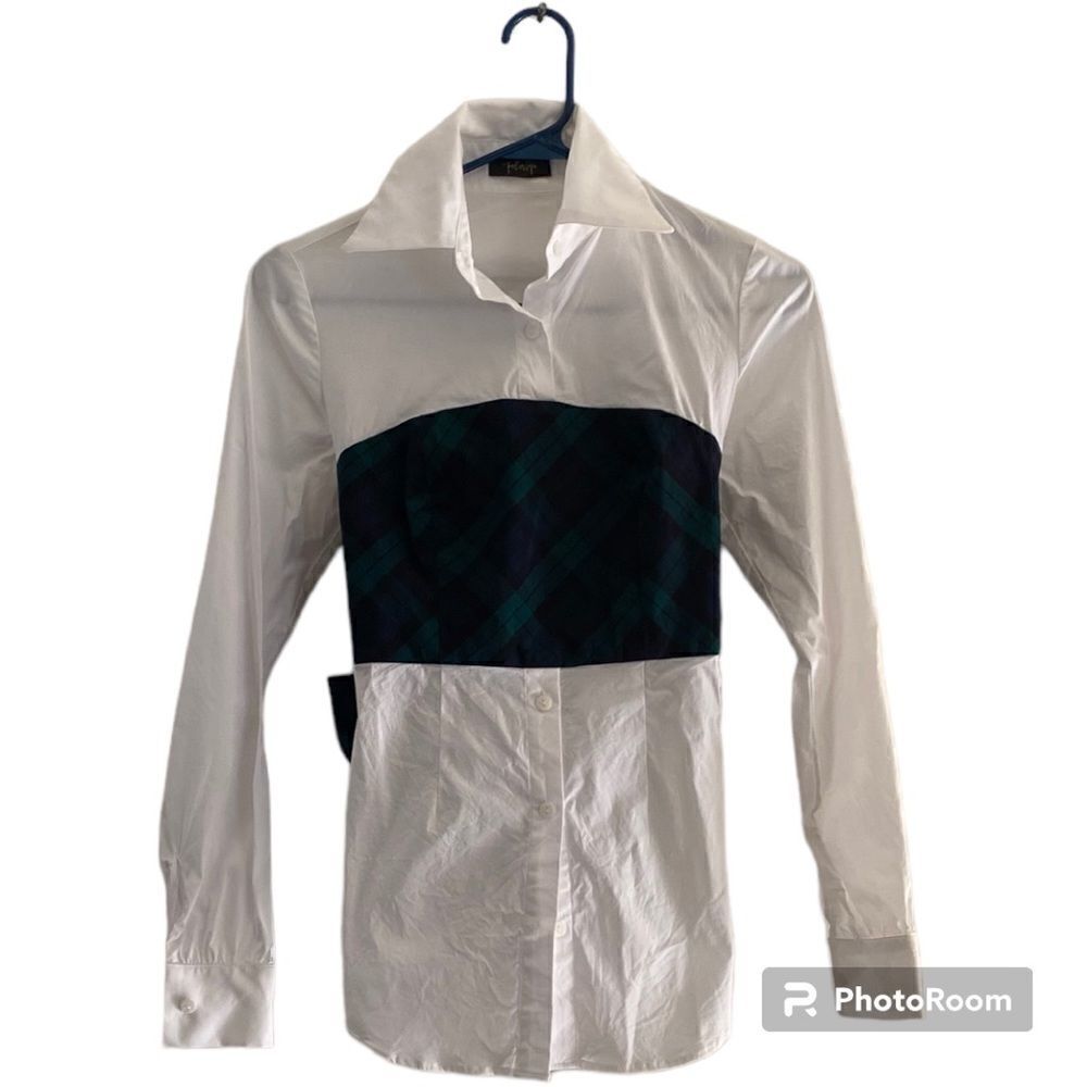 Petersyn White Button Down Plaid Tie Waist Shirt Size XS Made NY